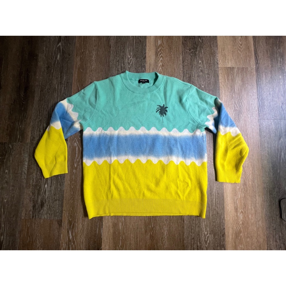 Beulah Style Palm Tree Sweater Womens M/L Teal Blue‎ Yellow Knit Pullover Beach